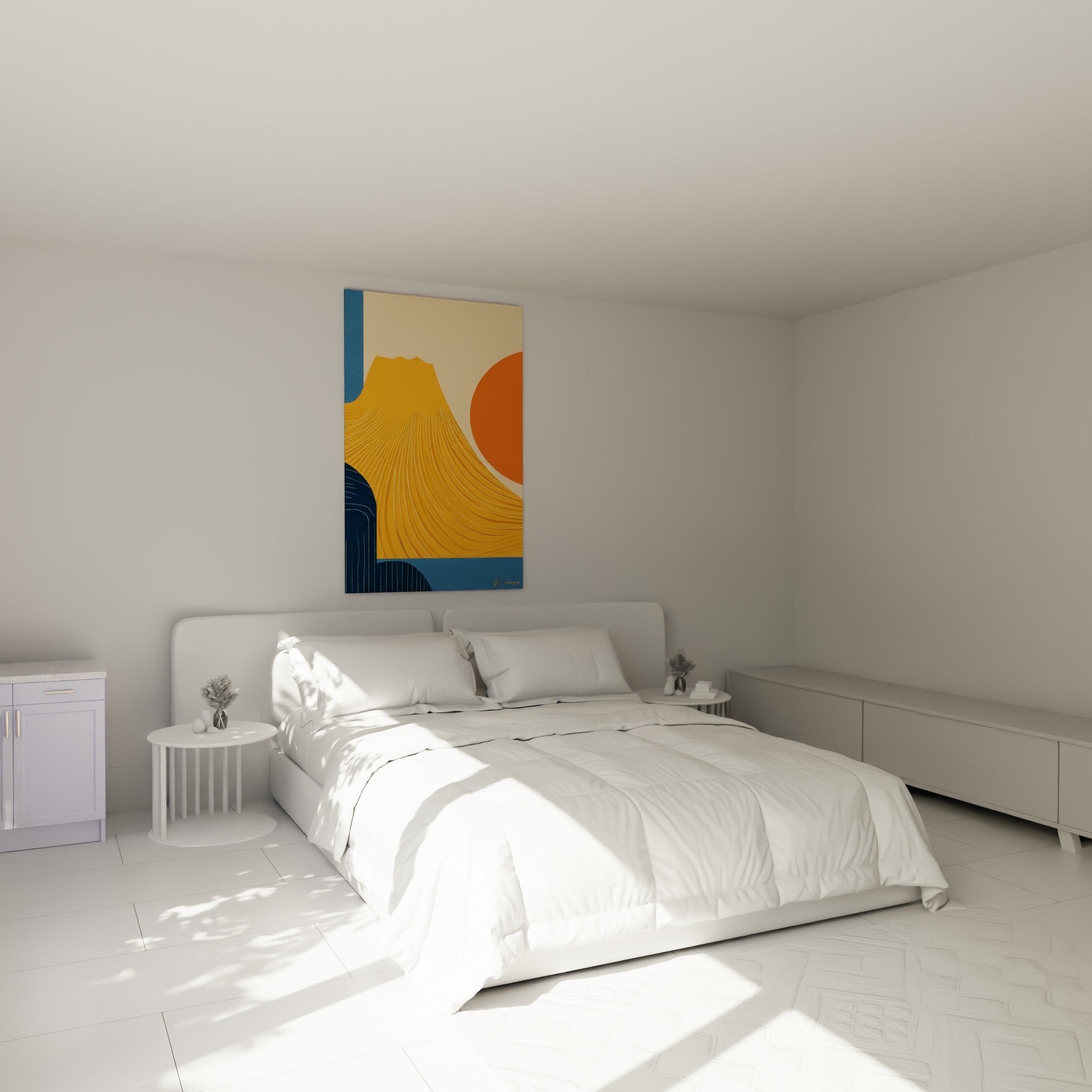 Sommet doré aux lignes ondulées et disque orangé, tableau géométrique abstrait au-dessus d'un lit dans une chambre claire