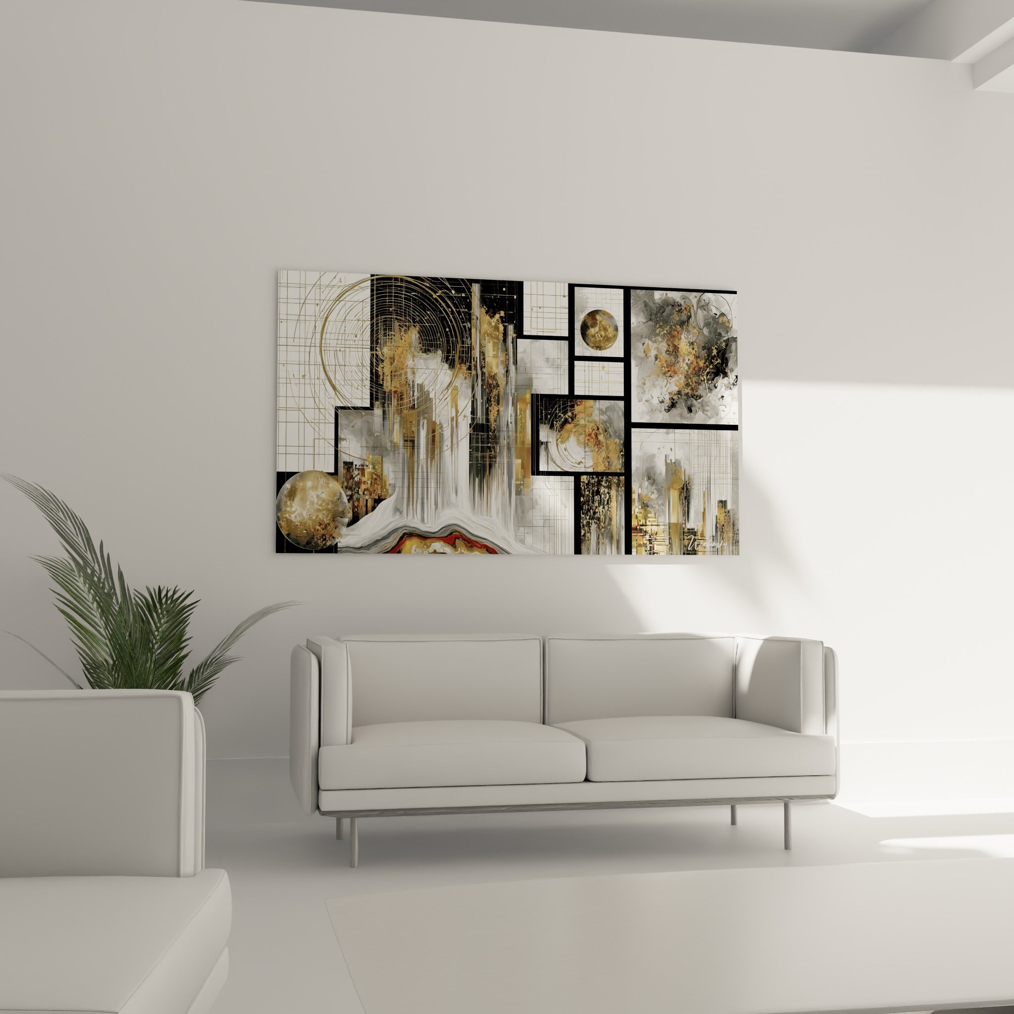 Panneaux dorés et gris d'un tableau géométrique abstrait au-dessus d'un canapé dans un salon lumineux