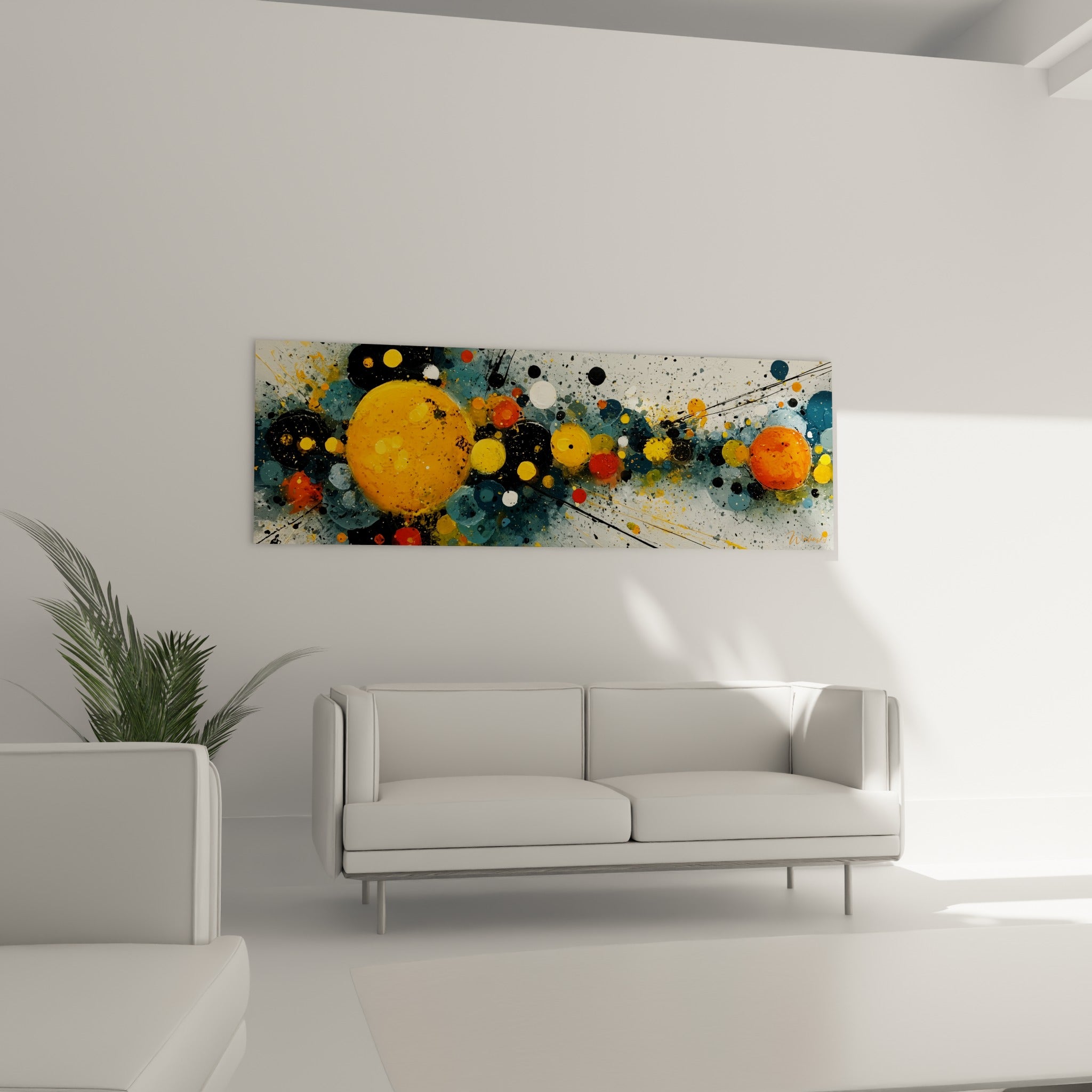 Grande sphère dorée et particules anthracite du tableau géométrique abstrait, au-dessus d'un canapé dans un salon lumineux