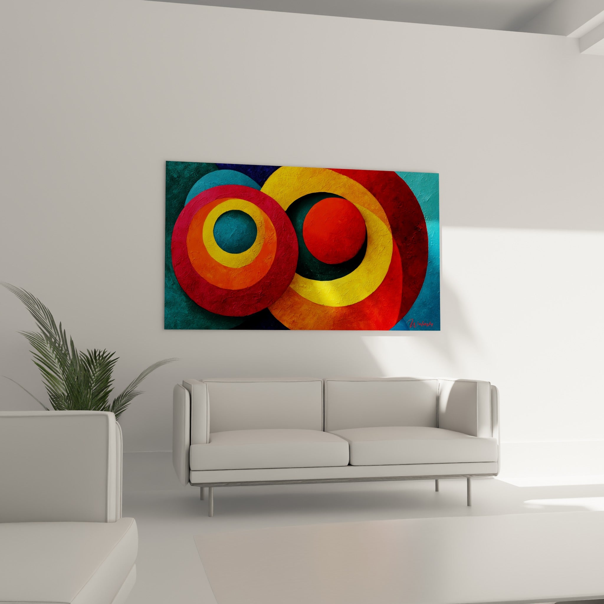 Sphère orangée nichée dans un anneau doré, tableau géométrique abstrait au-dessus d'un canapé dans un salon lumineux