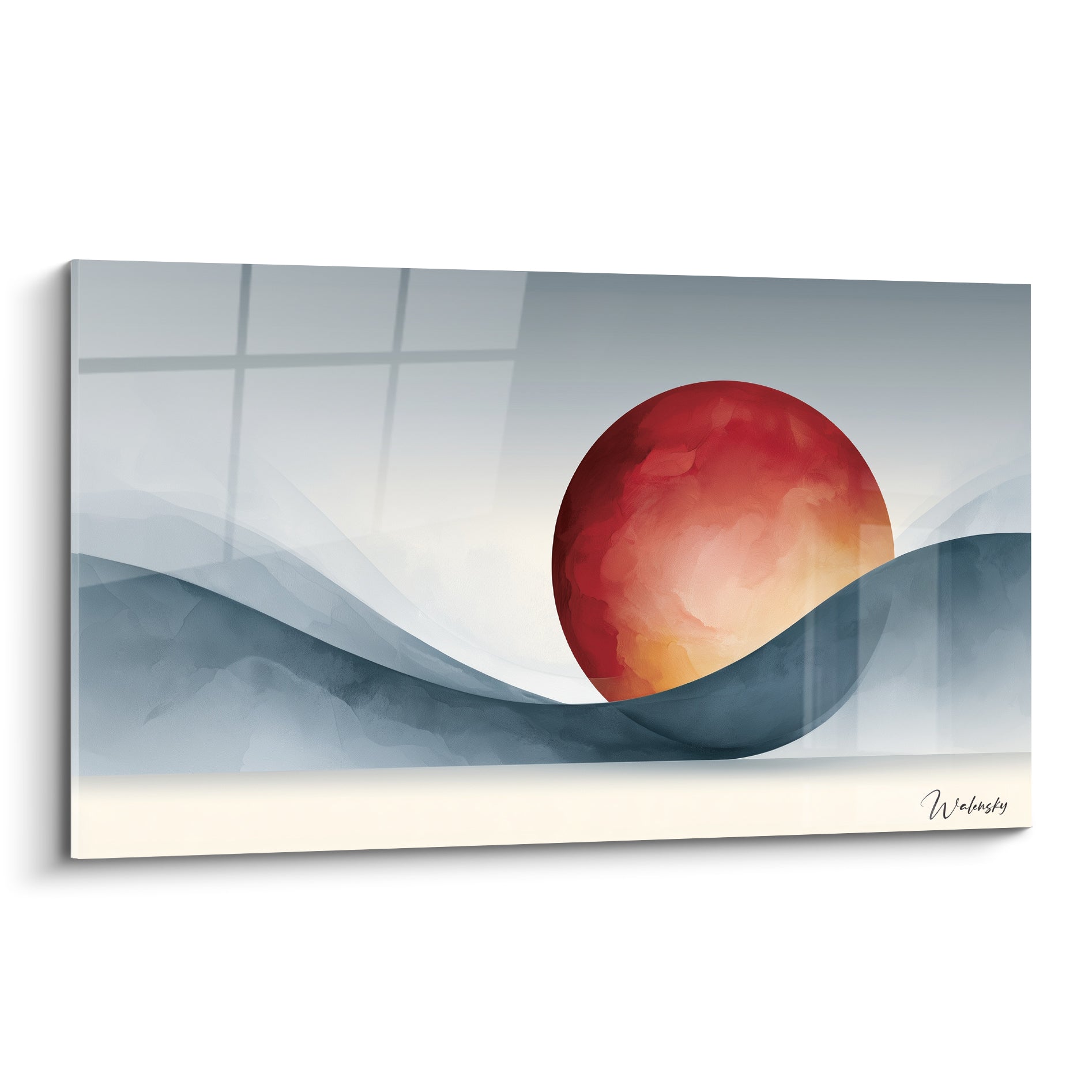 Sphère rouge et orangée reposant sur une vague anthracite, fond gris perle, style géométrique abstrait