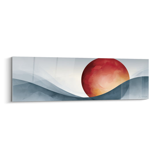 Tableau Sphère rouge sur vague gris-bleu - Suspension crépusculaire - Edition géometrique abstrait