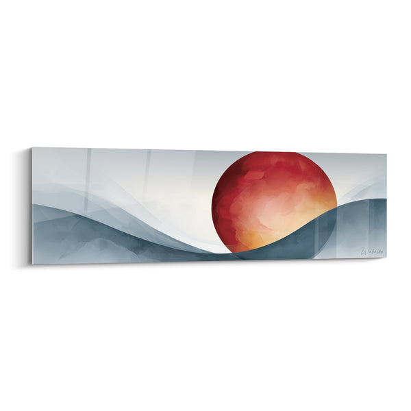 Tableau Sphère rouge sur vague gris-bleu - Suspension crépusculaire - Edition géometrique abstrait
