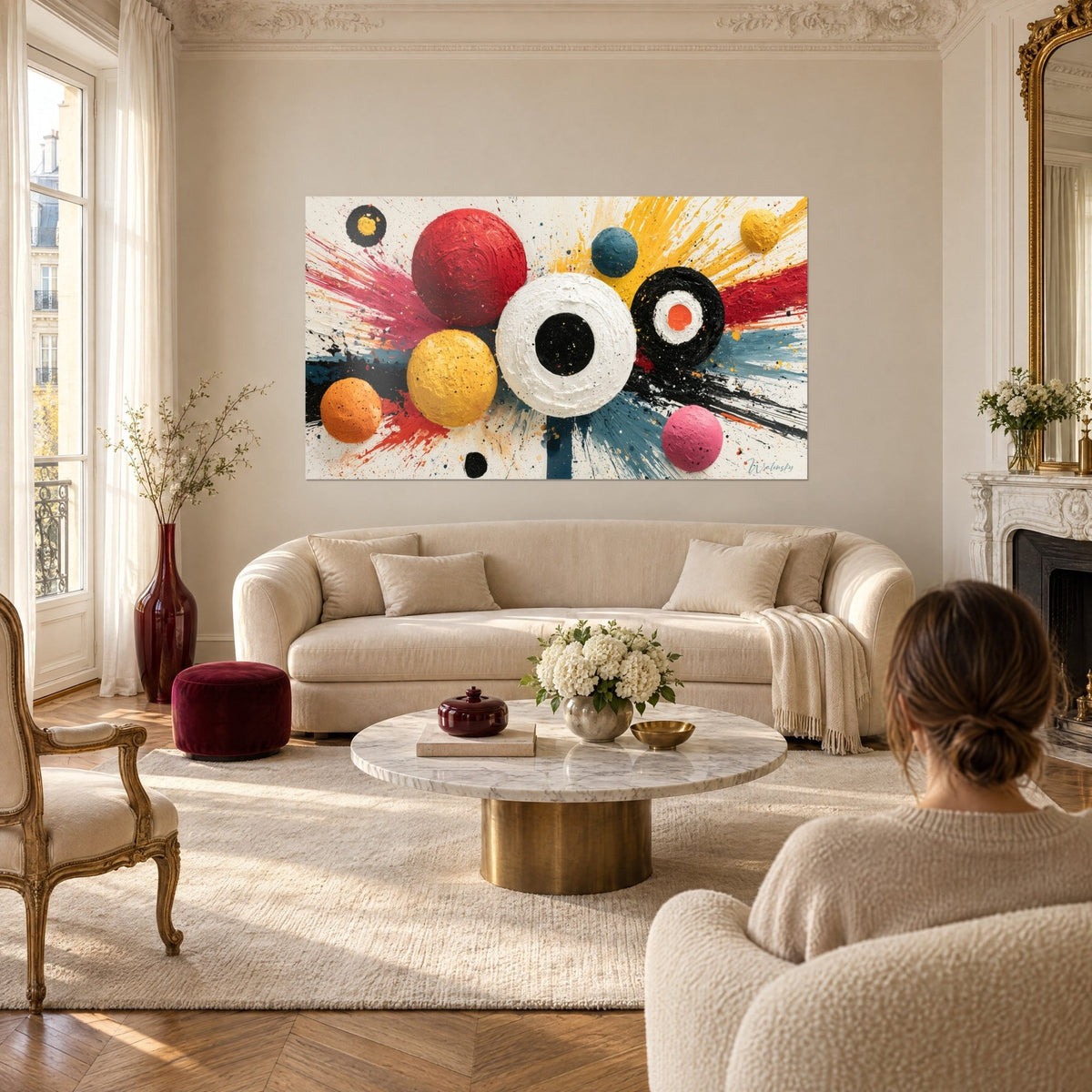 Wall art with raised red and yellow spheres, blue splashes on a cream background, above a sofa in a bright living room