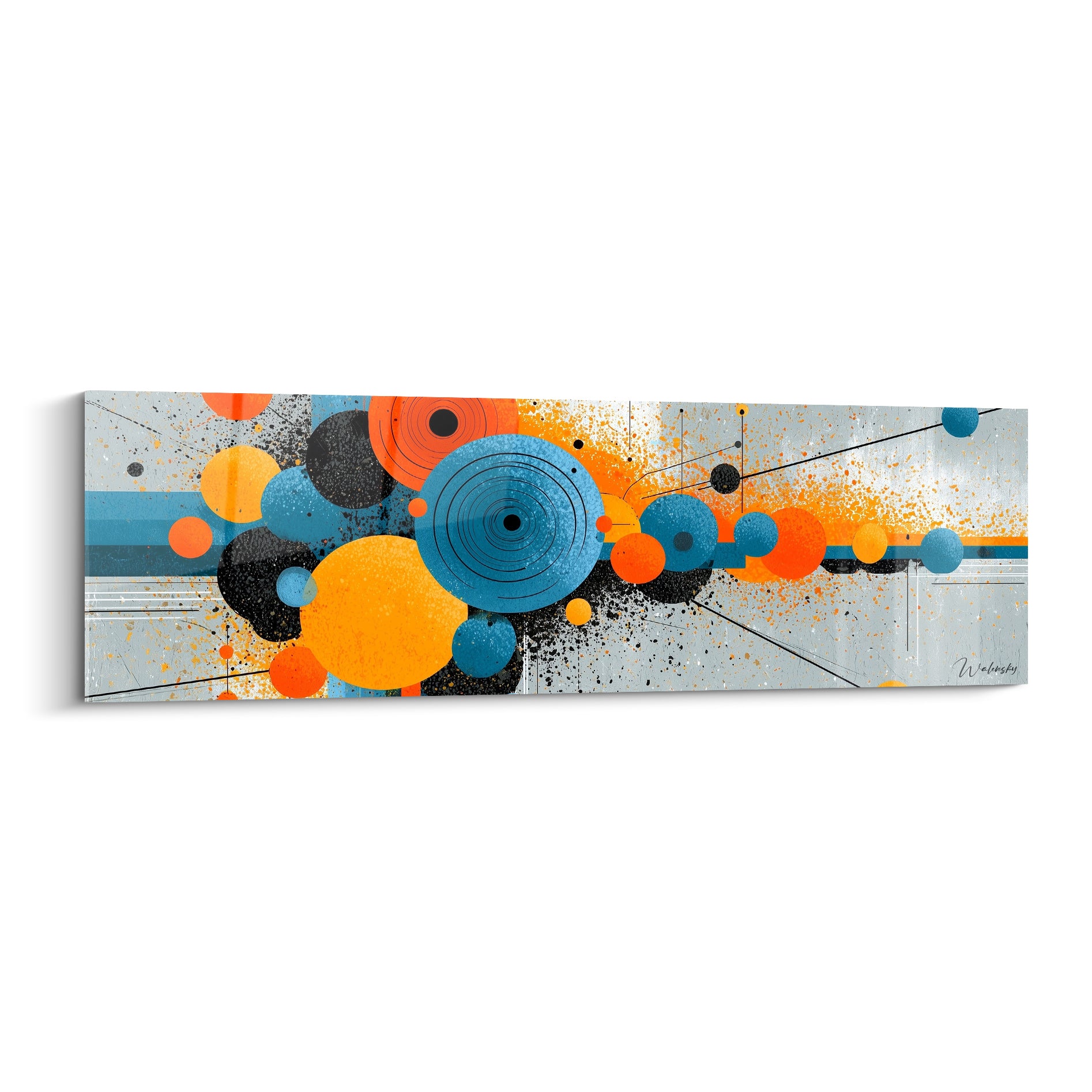 Sphères géométriques abstraites bleu turquoise et orange sur fond gris texturé éclaboussé