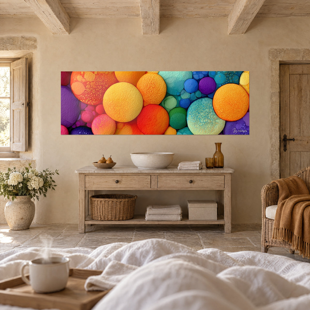 Schilderij met kleurrijke oranje, turquoise en kobaltblauwe kiezels met een korrelig oppervlak, boven een bed in een lichte slaapkamer