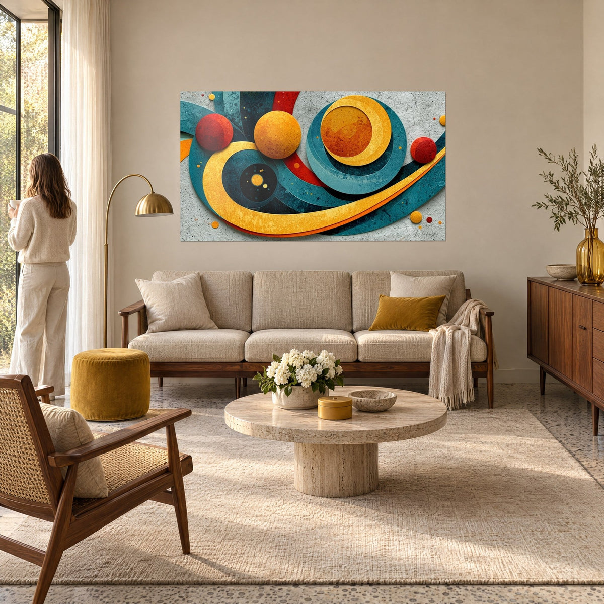 Gemälde goldene Spirale, um rote und ockerfarbene Kugeln gewickelt auf petrolblauem Grund, über einem Sofa in einem hellen Wohnzimmer