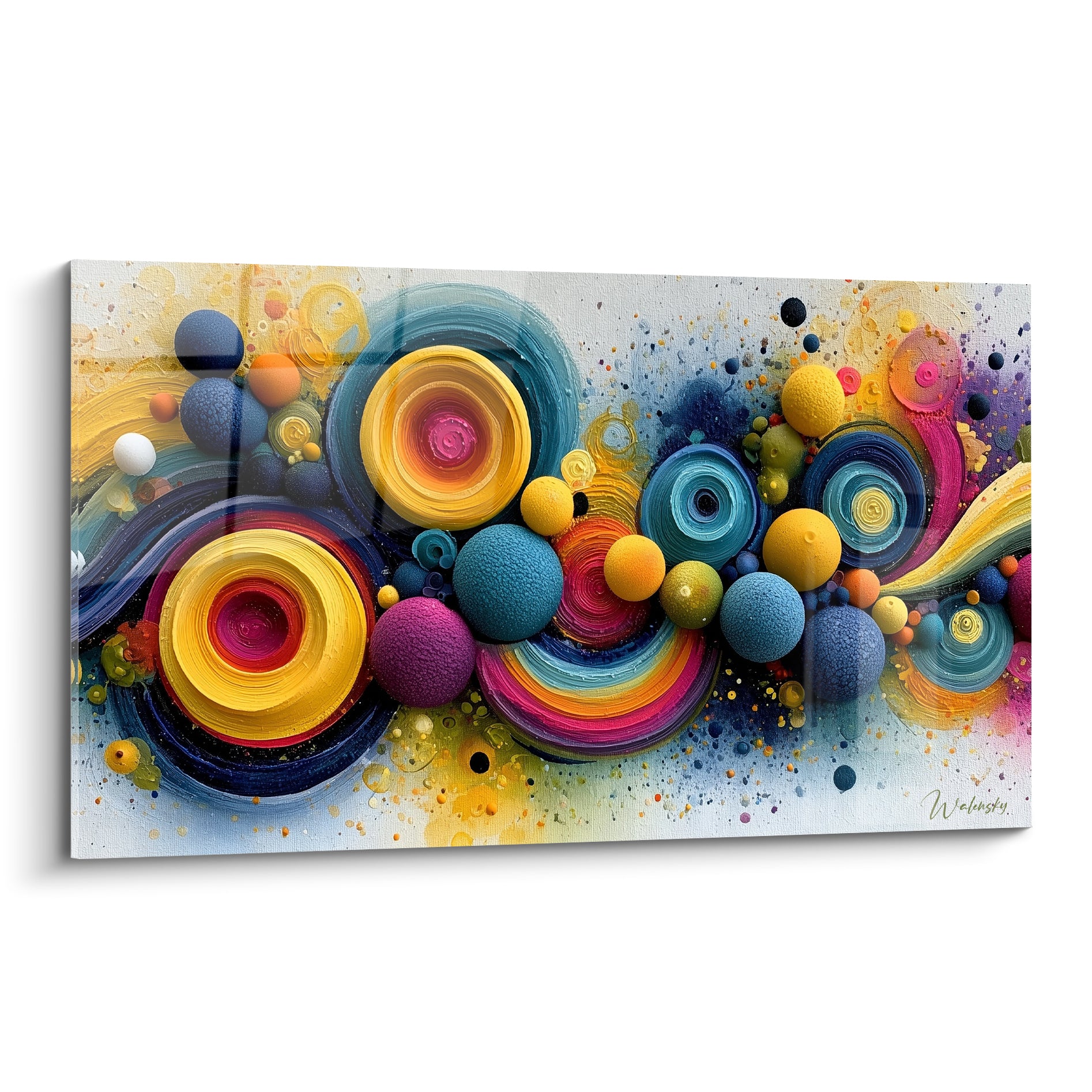 Spirales dorées et bleu paon composent ce tableau géométrique abstrait aux sphères texturées vibrantes