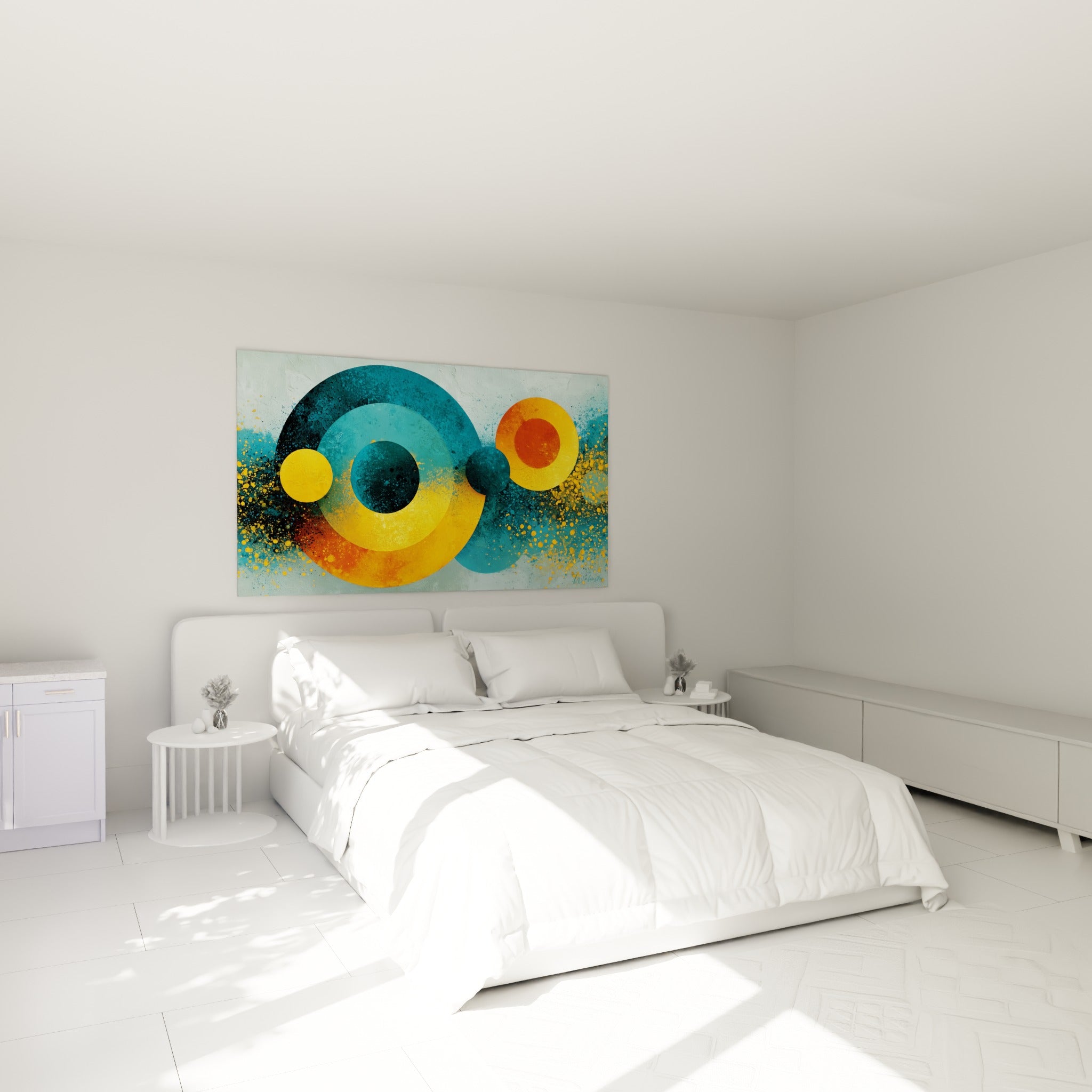Sphères bleu sarcelle et dorées entrelacées au-dessus d'un lit dans une chambre claire
