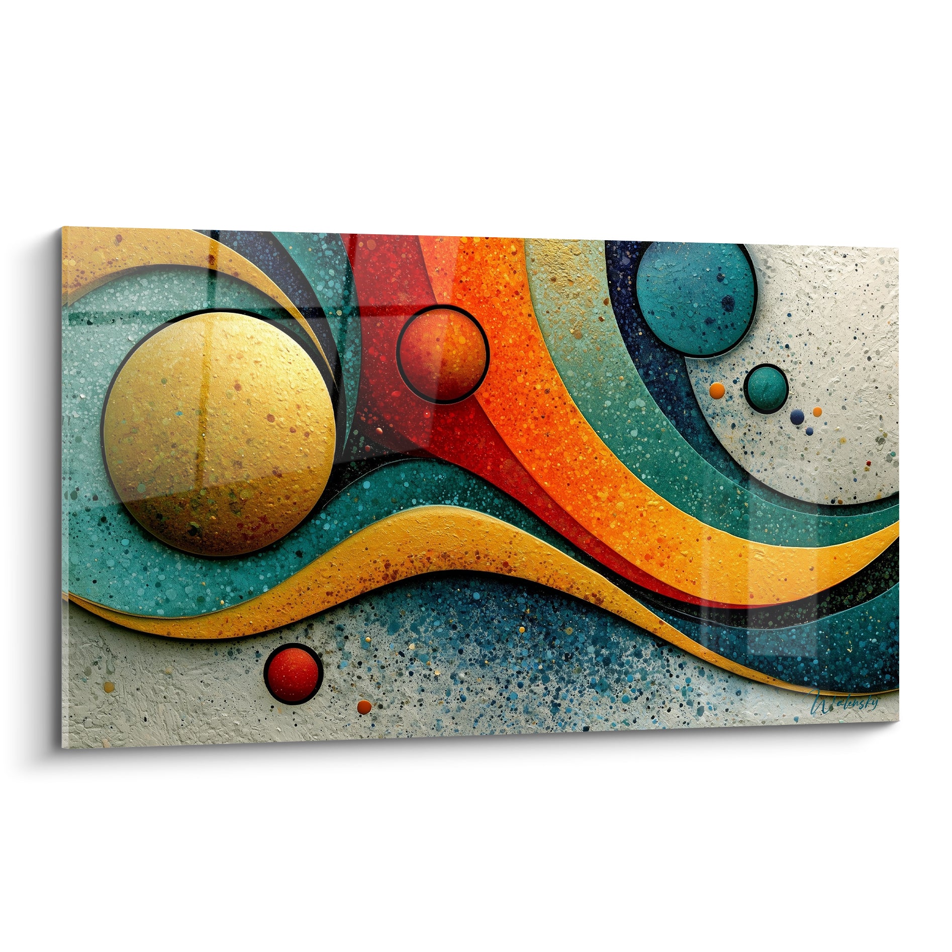 Sphères dorées et vagues orangées composent ce tableau géometrique abstrait sur fond bleu pétrole texturé