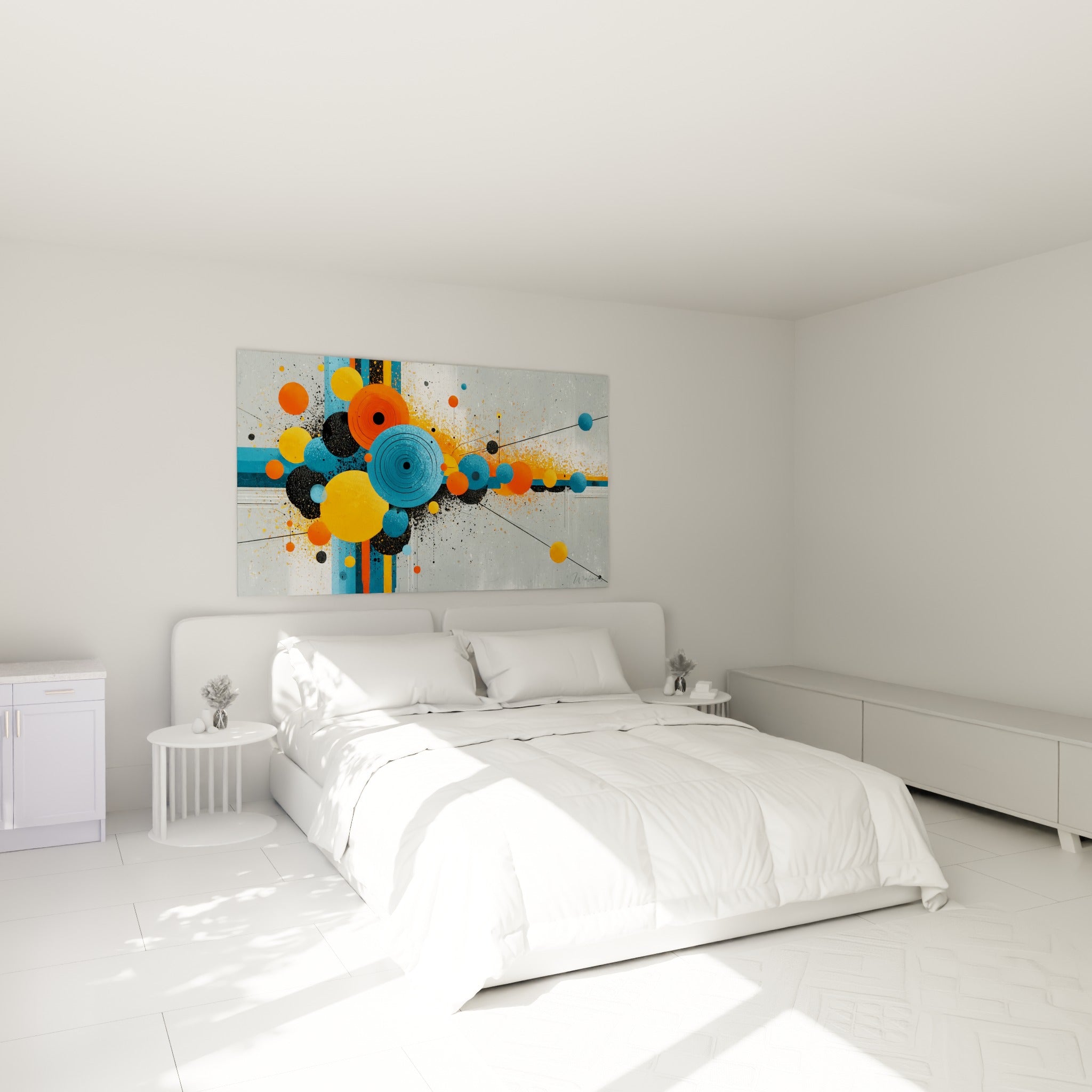 Sphères orange, bleu marine et jaune ocre en éclat, tableau géométrique abstrait au-dessus d'un lit dans une chambre claire