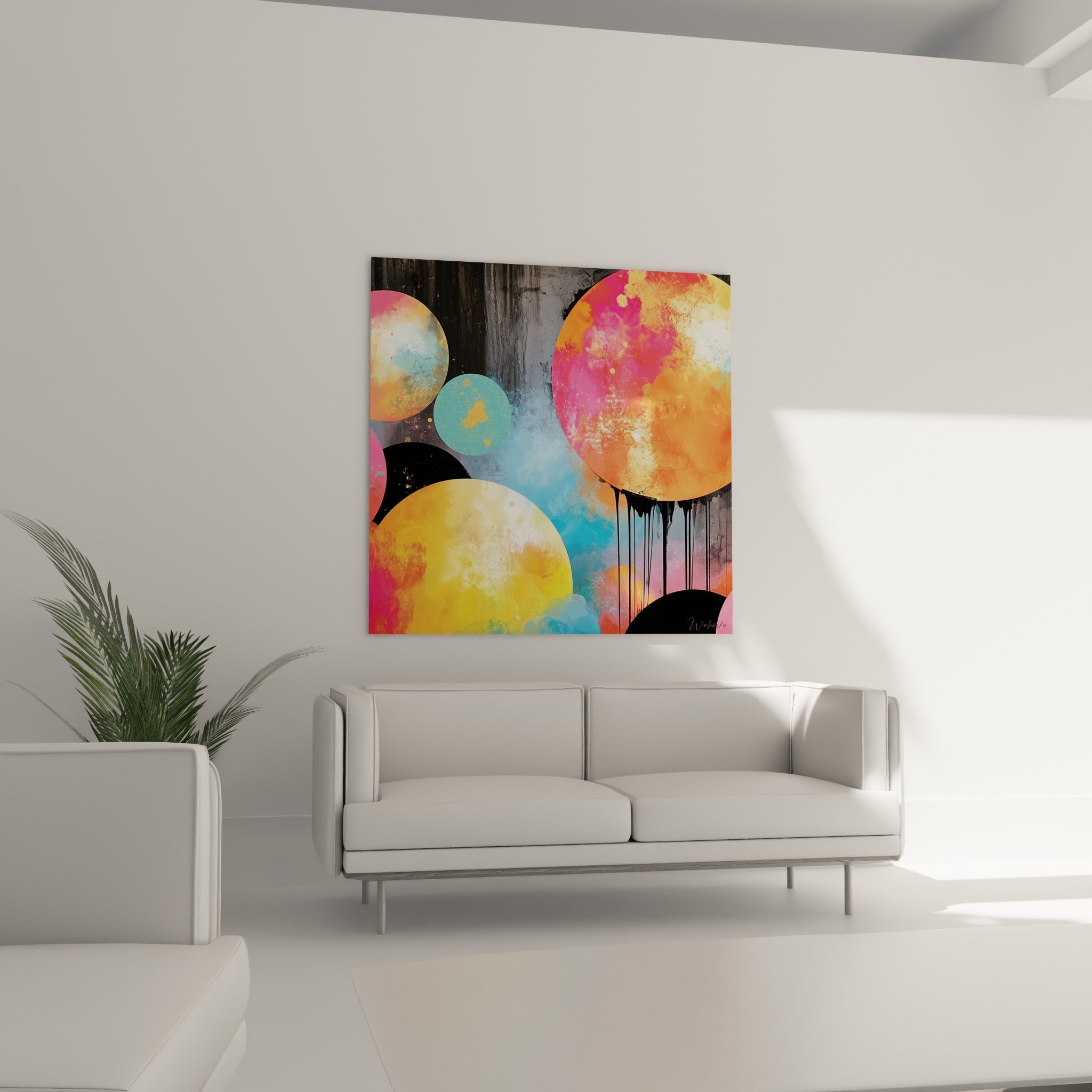 Sphères roses fuchsia et dorées contrastant avec le noir, tableau géométrique abstrait au-dessus d'un canapé dans un salon lumineux