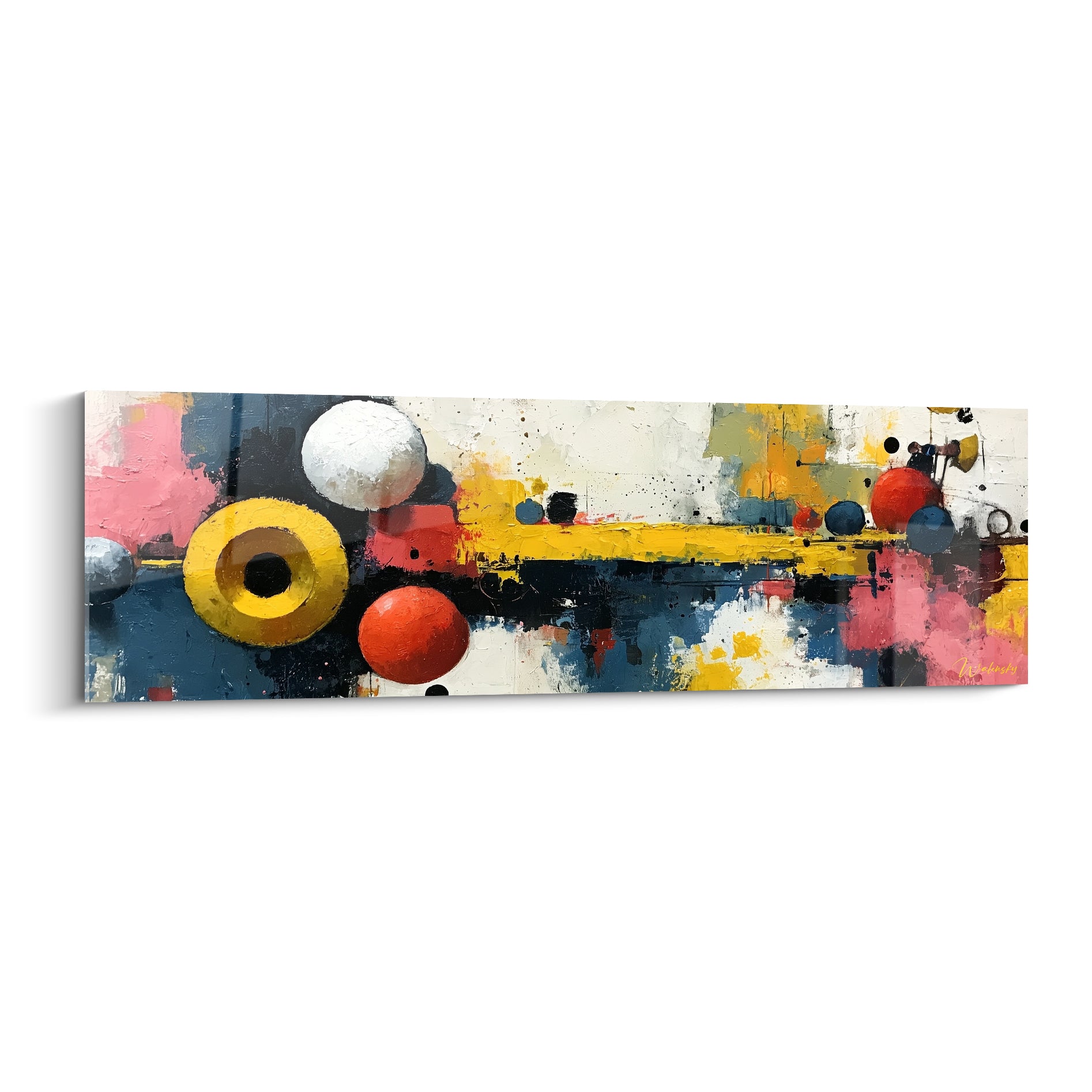 Sphères jaune, rouge et bleu marine en volume sur fond texturé, tableau géométrique abstrait éclatant