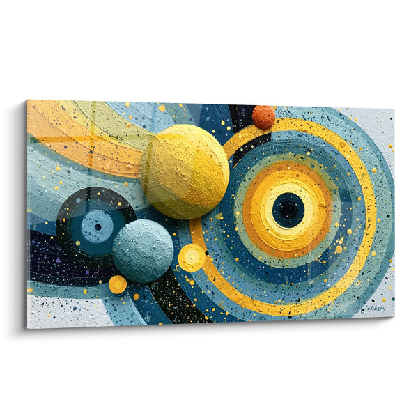 Tableau Sphères jaunes et bleues en orbite texturée - Ballet céleste - Edition géometrique abstrait
