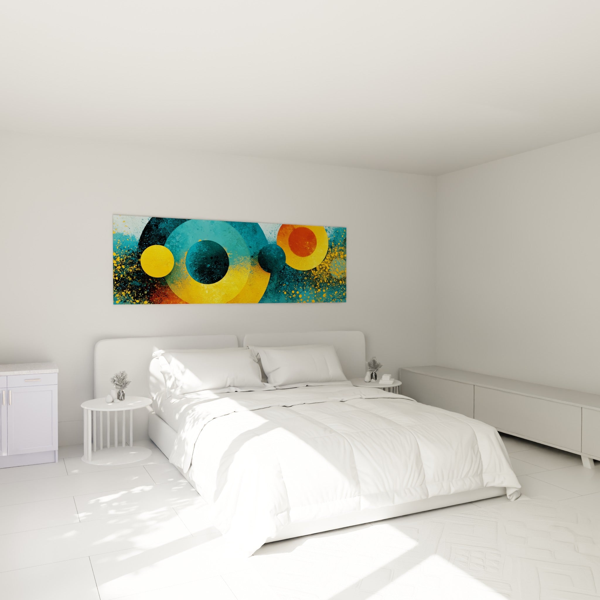 Sphères dorées et bleu pétrole du tableau géométrique abstrait, accrochées au-dessus d'un lit dans une chambre claire