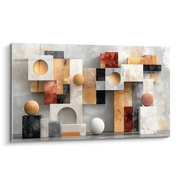 Tableau Sphères et blocs ocre et terracotta - Équilibre sculptural - Edition géometrique abstrait