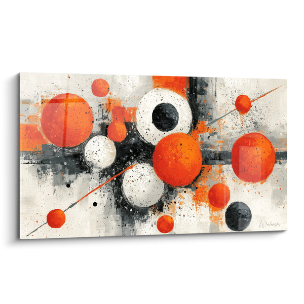 Tableau Sphères orange et anthracite éclaboussées - Trajectoire céleste - Edition géometrique abstrait
