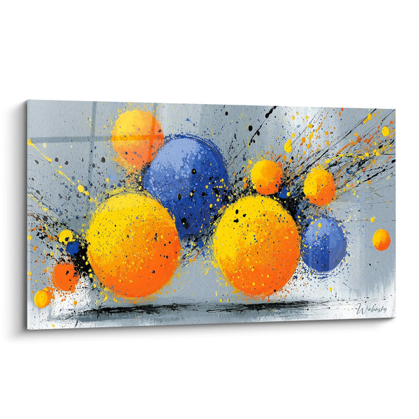 Tableau Sphères orange et bleues éclaboussées - Collision céleste - Edition géometrique abstrait