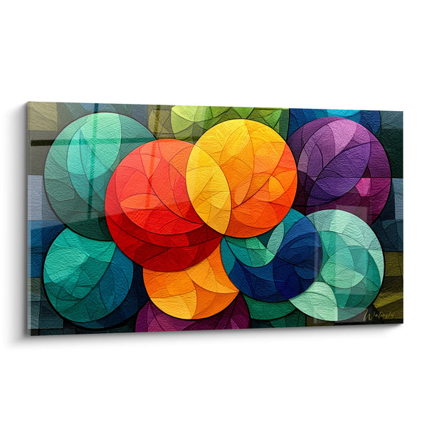 Tableau Sphères oranges et bleu sarcelle entrelacées - Collision vibrante - Edition géometrique abstrait