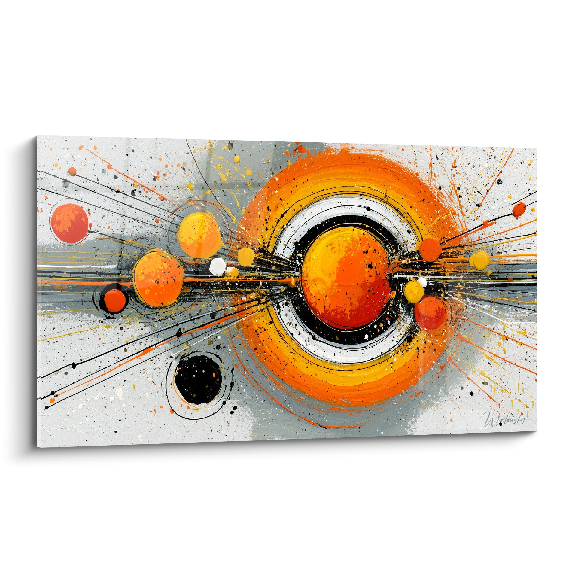 Sphères orange et rouge en orbite sur fond gris éclaboussé, composition géométrique abstraite énergique