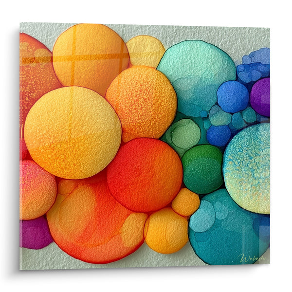 Tableau Bulles orangées et bleu turquoise texturées - Fusion lumineuse - Edition géometrique abstrait