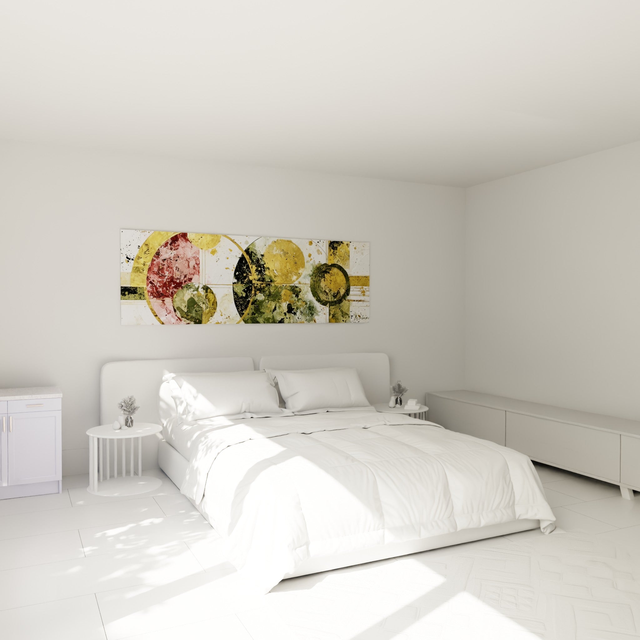 Sphères géometriques rose et vert olive au-dessus d'un lit dans une chambre claire