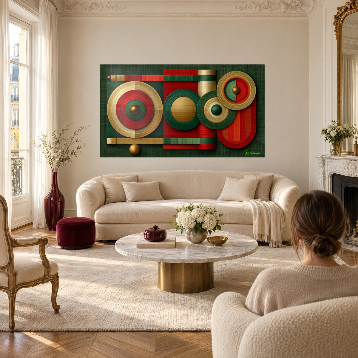 Tableau cercles concentriques rouges et verts cerclés d'or, boutons de laiton, femme de dos, au-dessus d'un canapé dans un salon lumineux