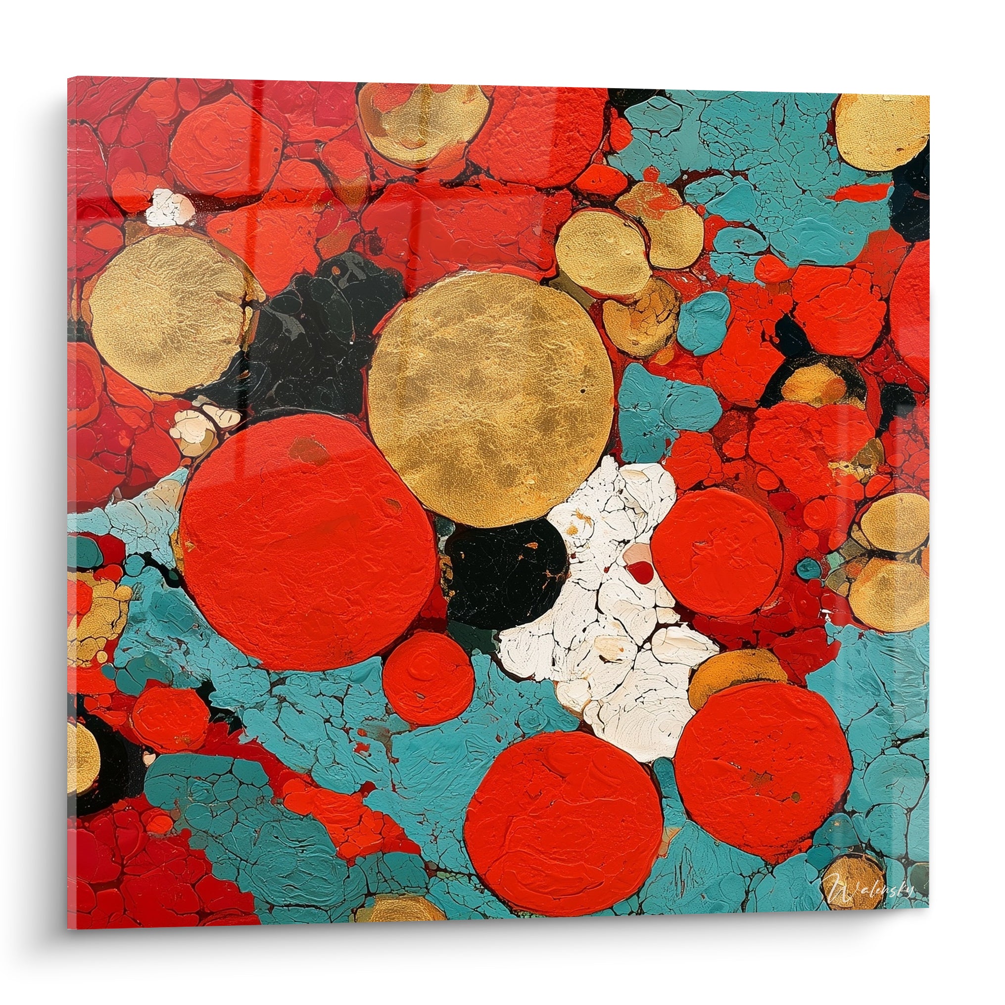 Sphères géométriques abstraites rouge et doré sur fond turquoise craquelé texturé