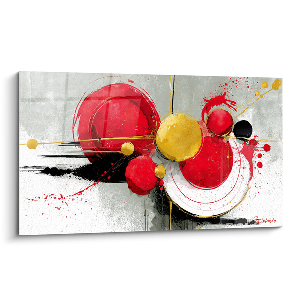 Tableau Sphères rouges et dorées éclaboussées - Collision vibrante - Edition géometrique abstrait