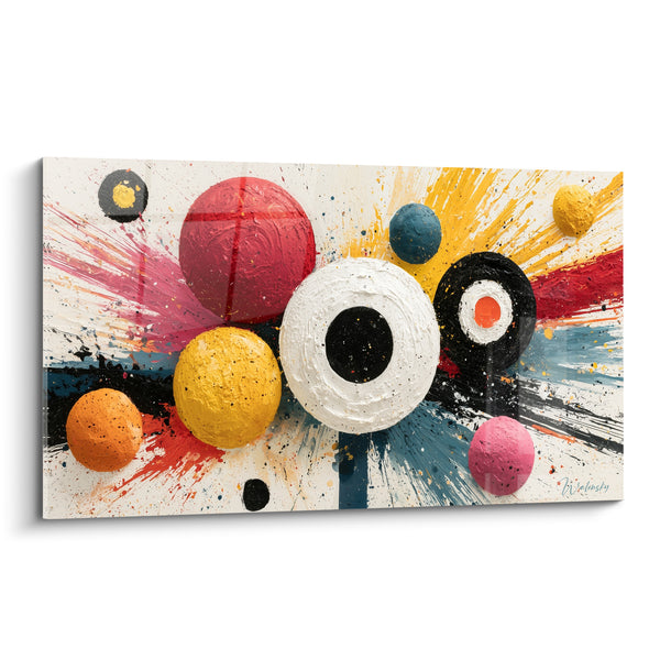 Tableau Sphères colorées éclaboussures noir et blanc - Collision cosmique - Edition géometrique abstrait