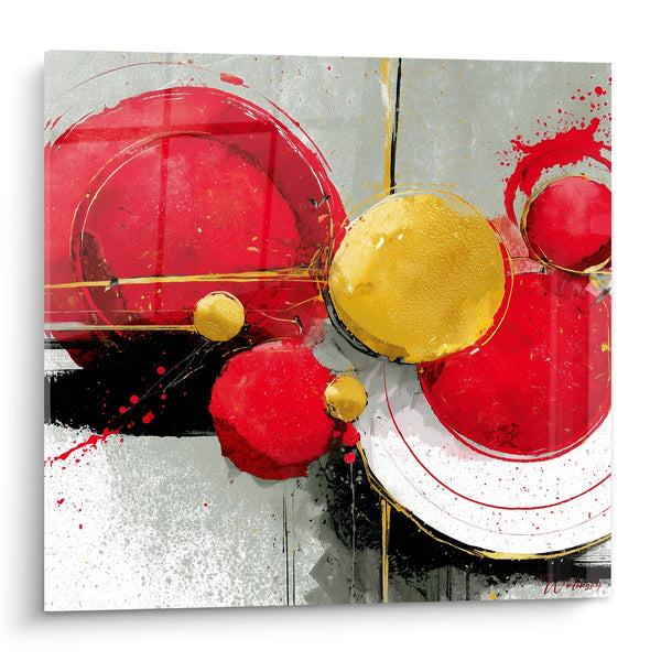 Tableau Cercles rouges et dorés éclaboussés - Collision énergique - Edition géometrique abstrait
