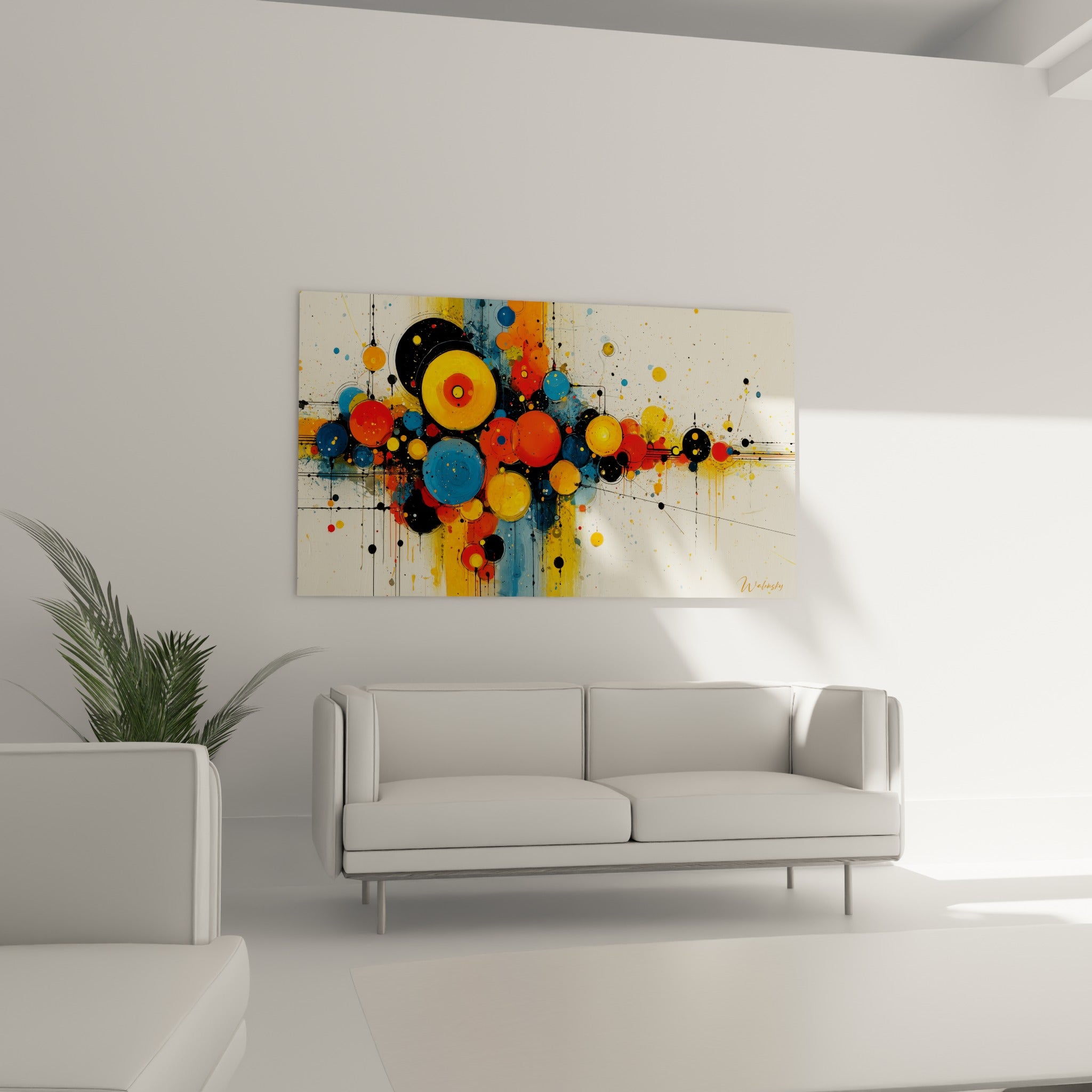 Sphères orange et terracotta de ce tableau géométrique abstrait au-dessus d'un canapé dans un salon lumineux.