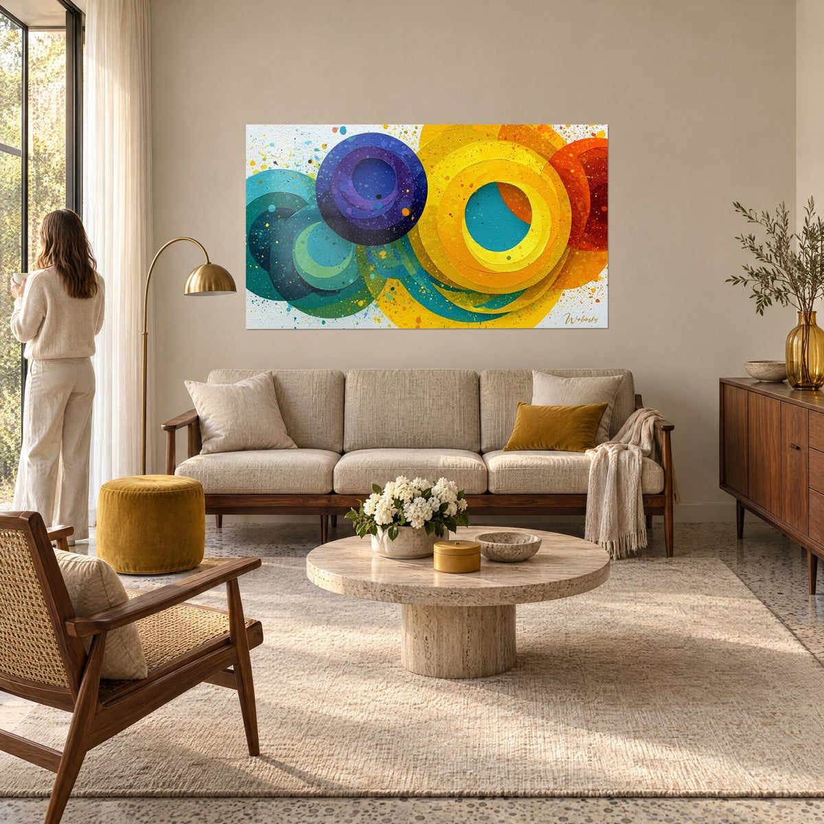 Quadro con dischi concentrici blu navy e giallo senape, tocchi arancioni, coppia di spalle, sopra un divano in un soggiorno luminoso