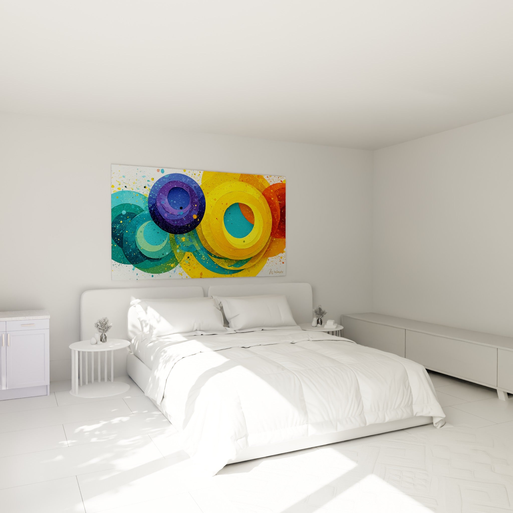 Sphères turquoise et orange brûlé de ce tableau géometrique abstrait accrochées au-dessus d'un lit dans une chambre claire