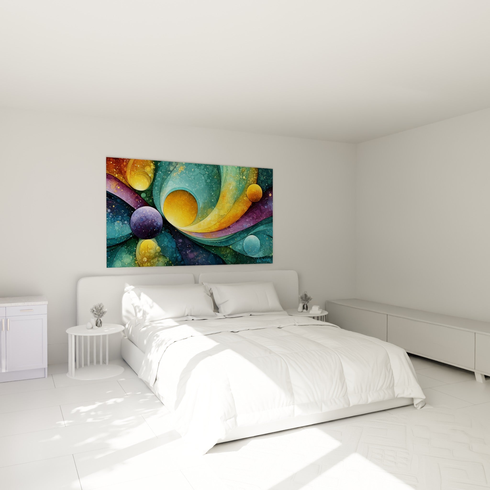 Sphères dorées et violettes en spirale cosmique accrochées au-dessus d'un lit dans une chambre claire