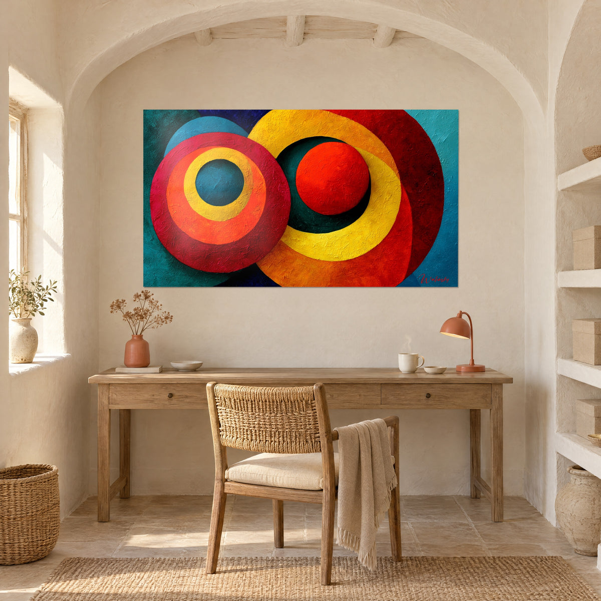 Tableau composition abstraite de cercles safran et bordeaux, fond bleu canard texturé, au-dessus d'un bureau en bois clair et d'une lampe