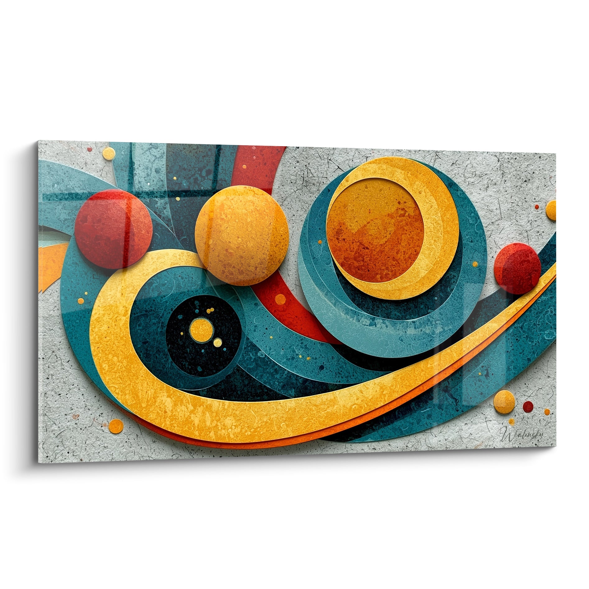 Spirale géometrique abstraite dorée et bleu pétrole avec sphères rouges et orangées