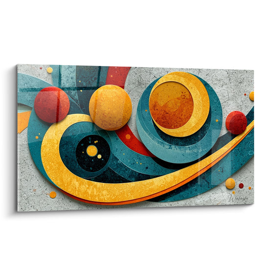 Spirale géometrique abstraite dorée et bleu pétrole avec sphères rouges et orangées