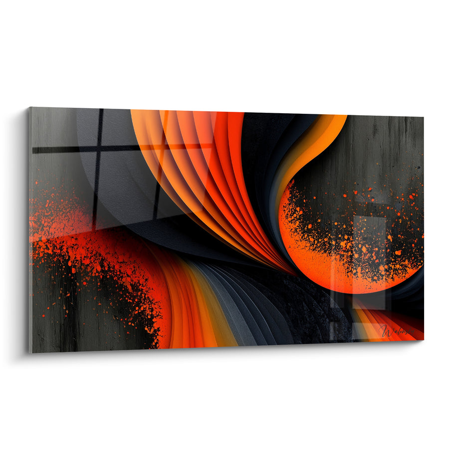 Tableau Vagues orange et anthracite en spirale - Flamme suspendue - Edition géometrique abstrait