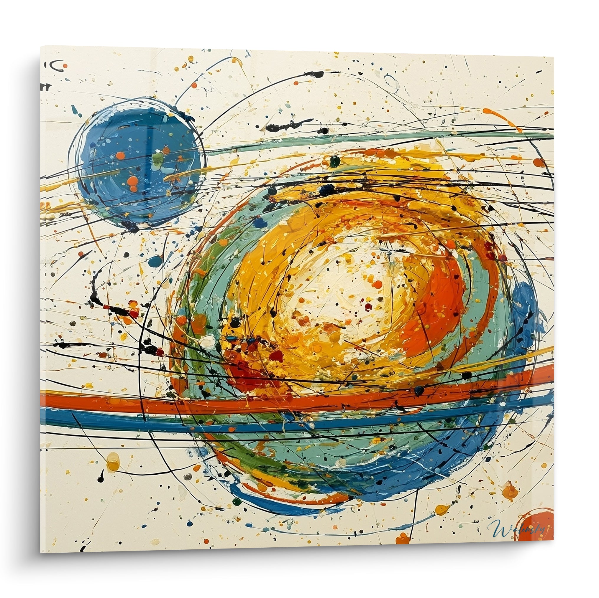Spirale géométrique abstraite orange et bleu marine aux éclaboussures noires façon dripping