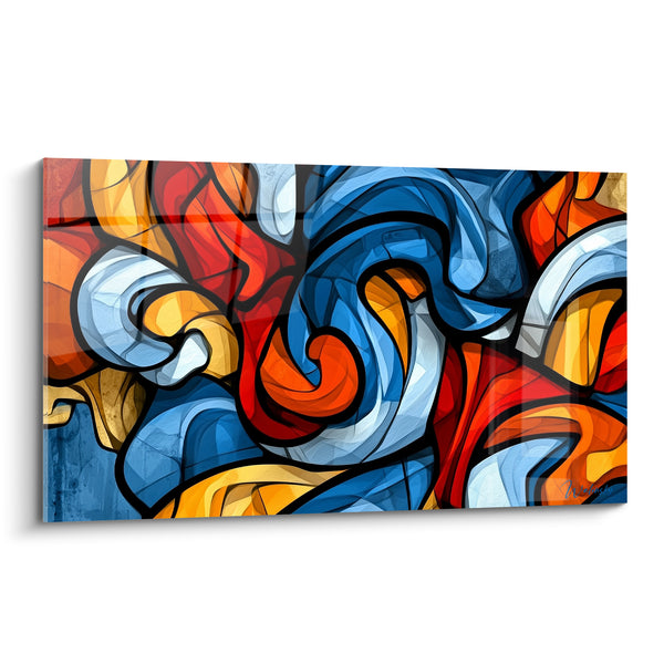 Tableau Spirales bleu et orange aux contours noirs - Collision des éléments - Edition géometrique abstrait