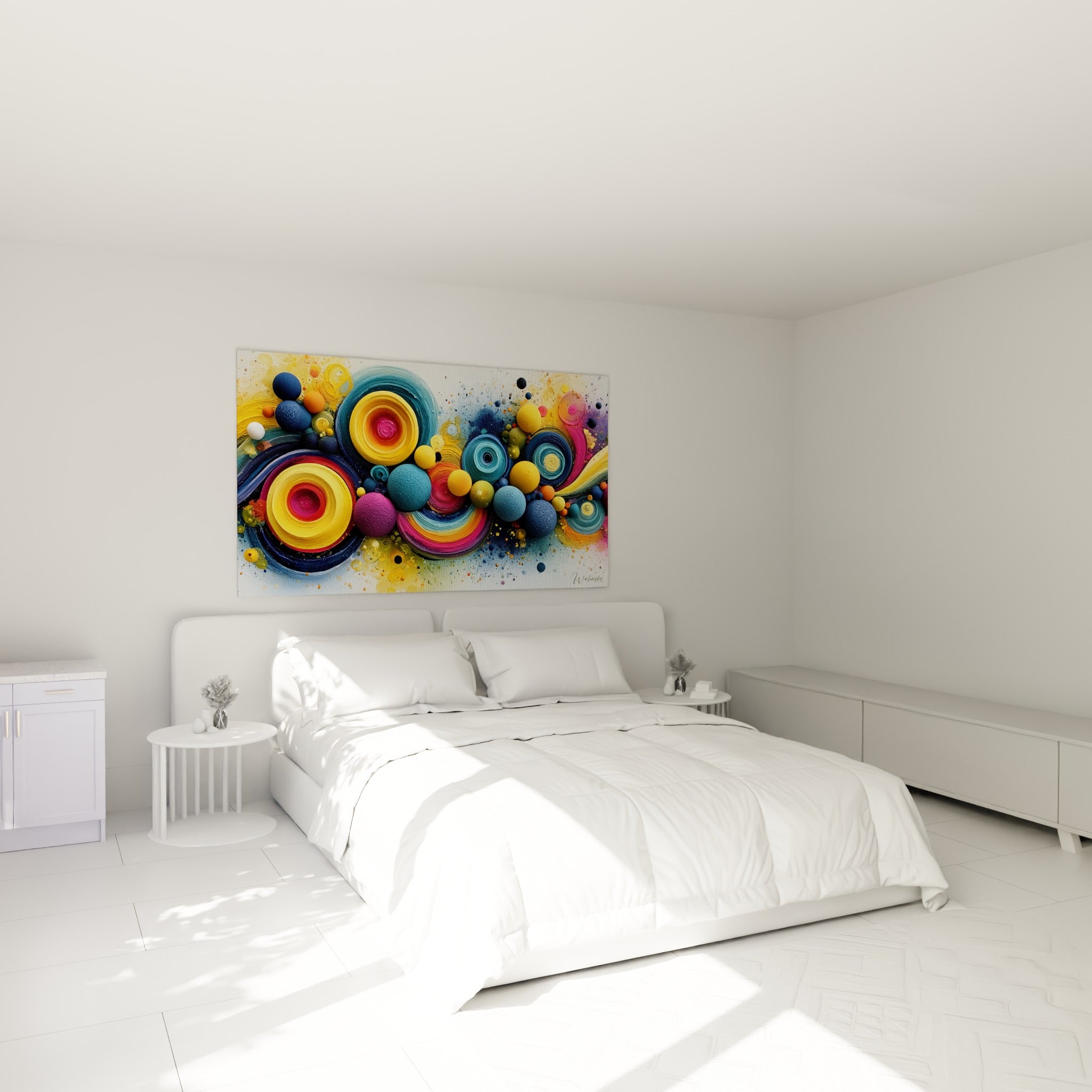 Sphères magenta et jaunes de ce tableau géométrique abstrait suspendues au-dessus d'un lit dans une chambre claire