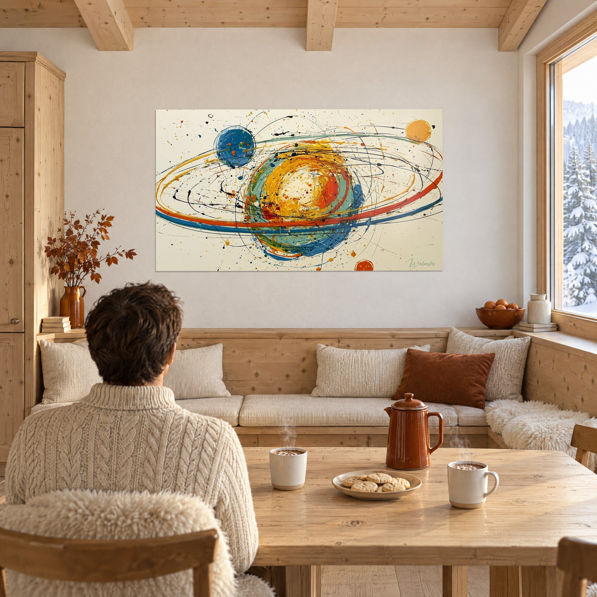 Tableau naissance cosmique tourbillon jaune et vert d'eau, traits noirs fins, face à une table en bois dans un salon de chalet