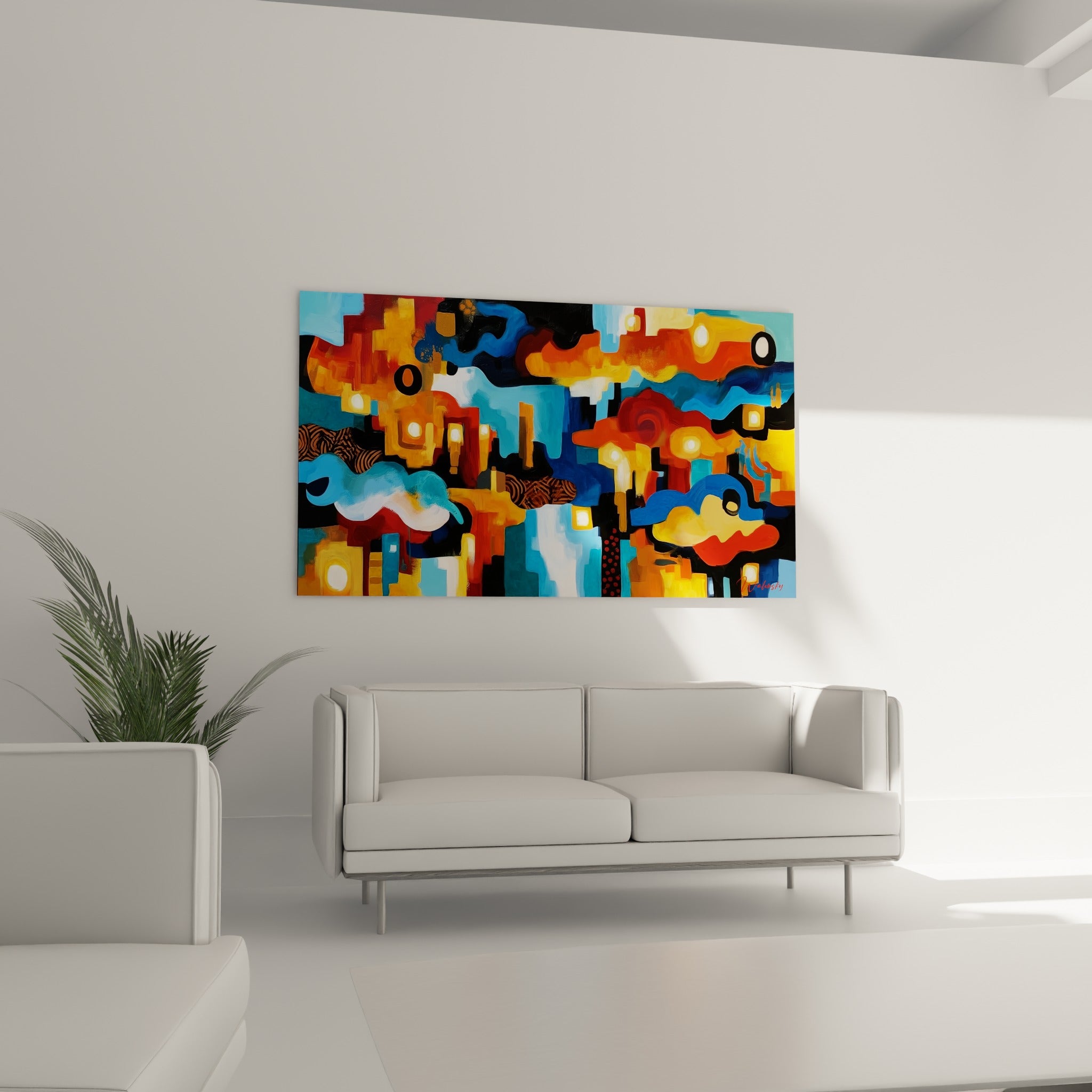 Vagues colorées anthracite et terracotta rayonnent au-dessus d'un canapé dans un salon lumineux