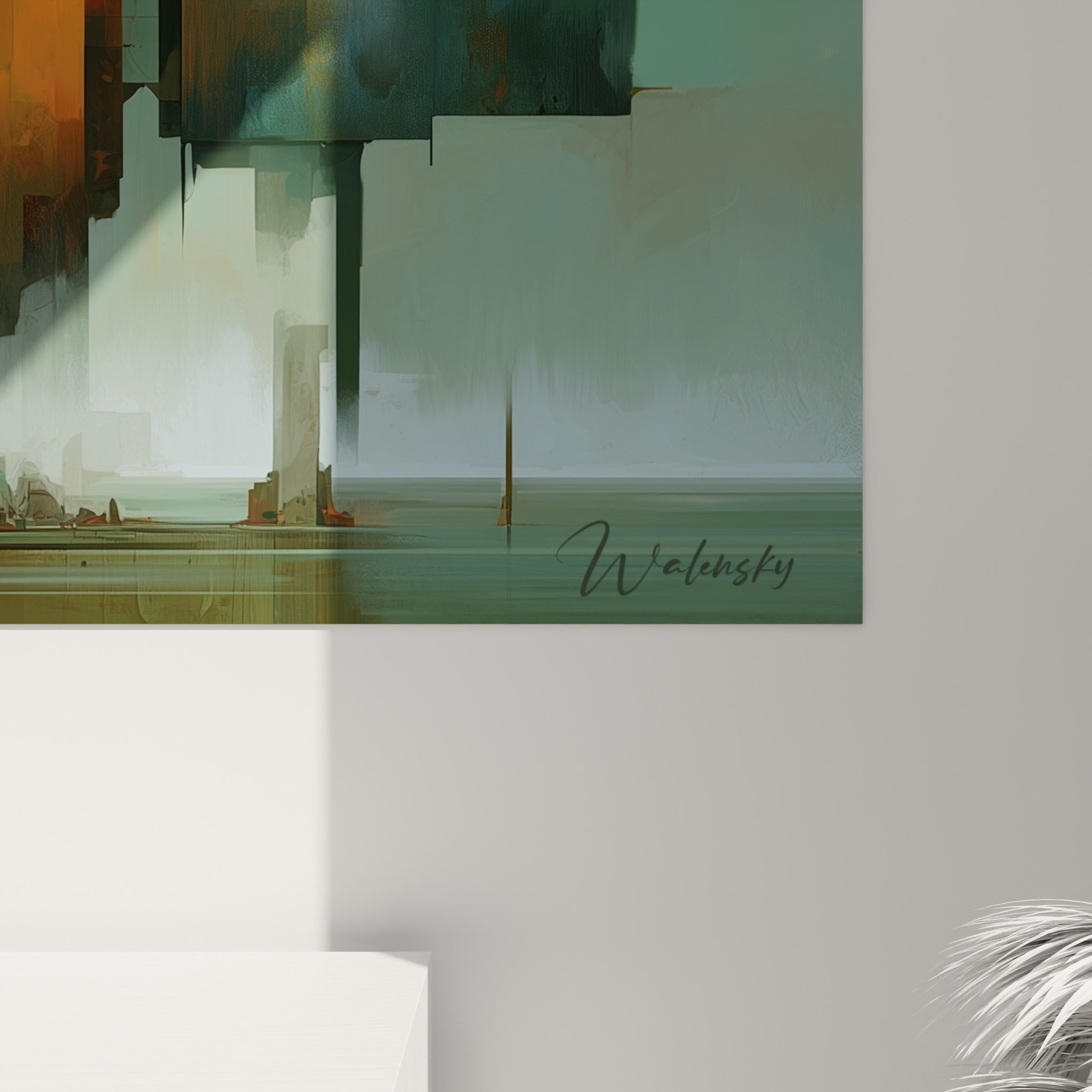 Détail des textures picturales vert sarcelle et empâtements orangés de cette toile géométrique abstraite