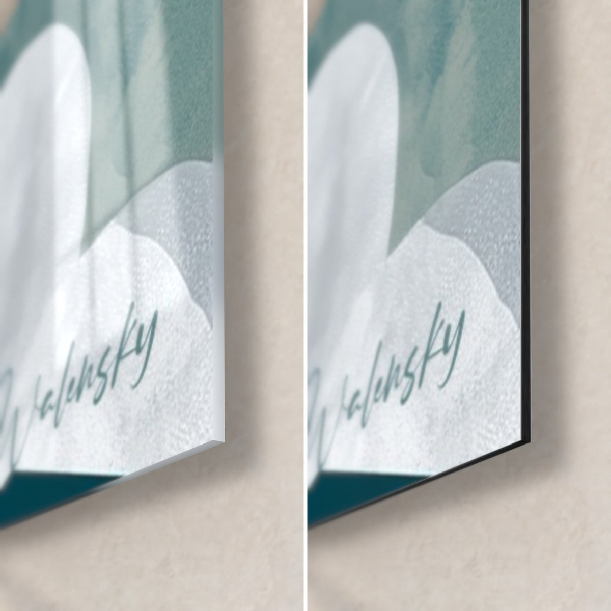 Wall art white and duck-egg blue clouds in flat color blocks, bottom right corner: glossy acrylic glass on the left, matte Dibond on the right