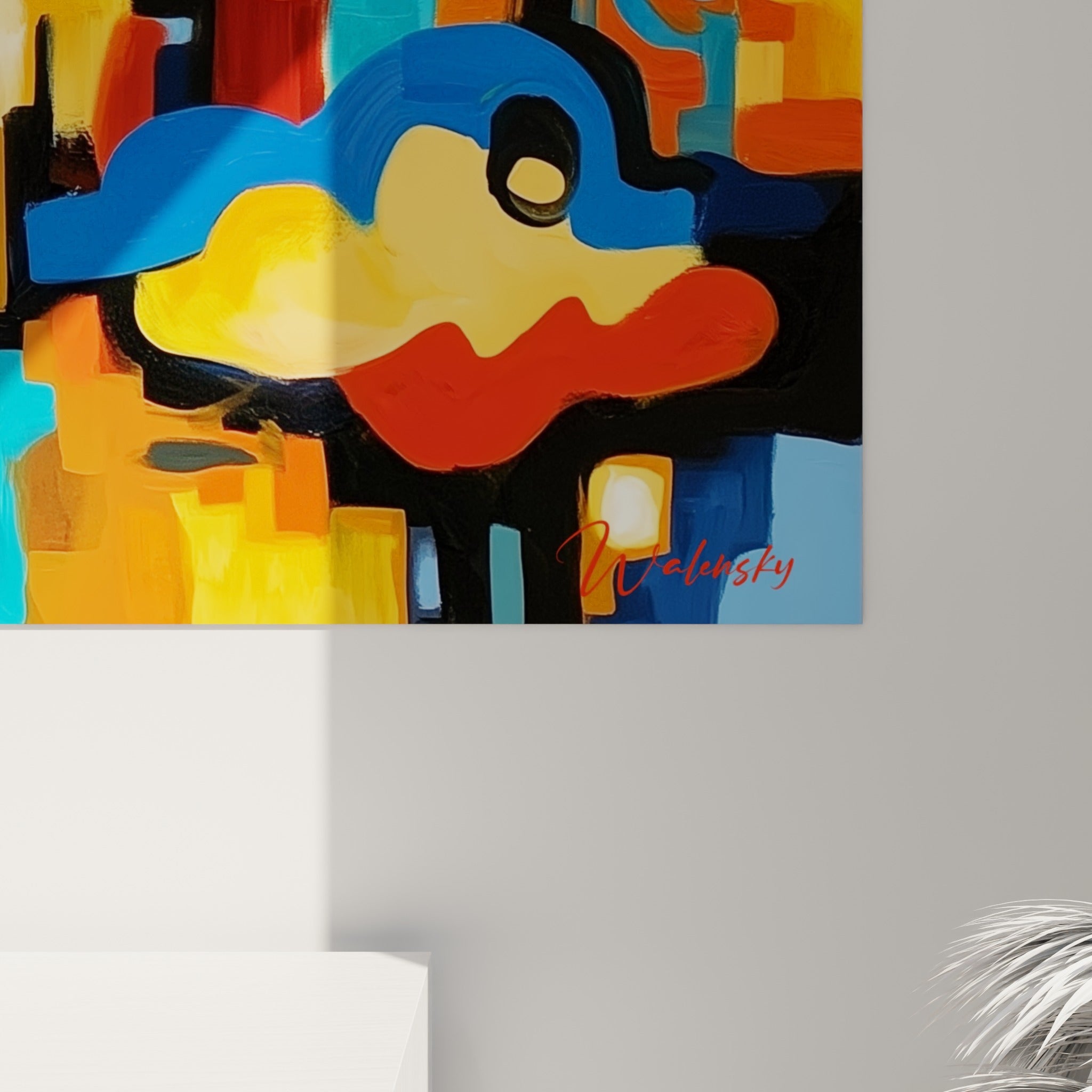Empâtements bleu profond et orange doré se rejoignent, révélant la matière picturale du tableau géométrique abstrait