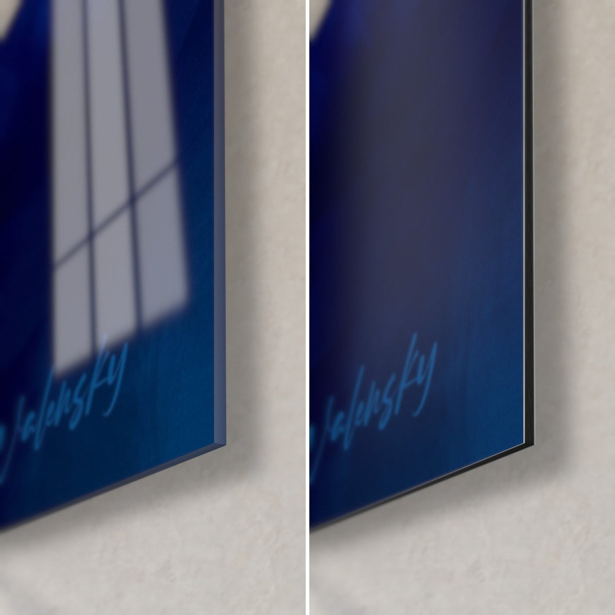 Wall art midnight blue staircase, bottom right corner: glossy acrylic glass with window reflections and matte Dibond aluminium, 3 mm edge