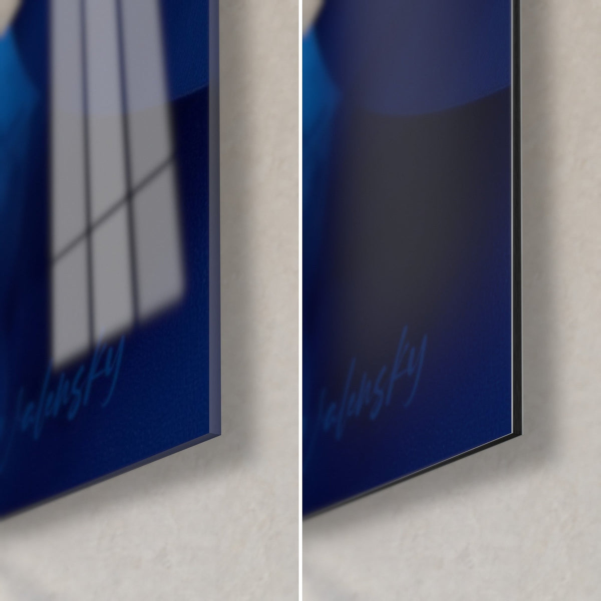 Wall art navy circles in abstract composition, bottom right corner, glossy glass with window reflections, matte black Dibond, 3 mm thick