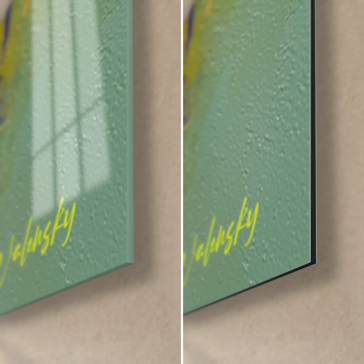 Wall art with an abstract mosaic in yellow and sage green, bottom right corner, glossy glass on the left, matte black Dibond on the right
